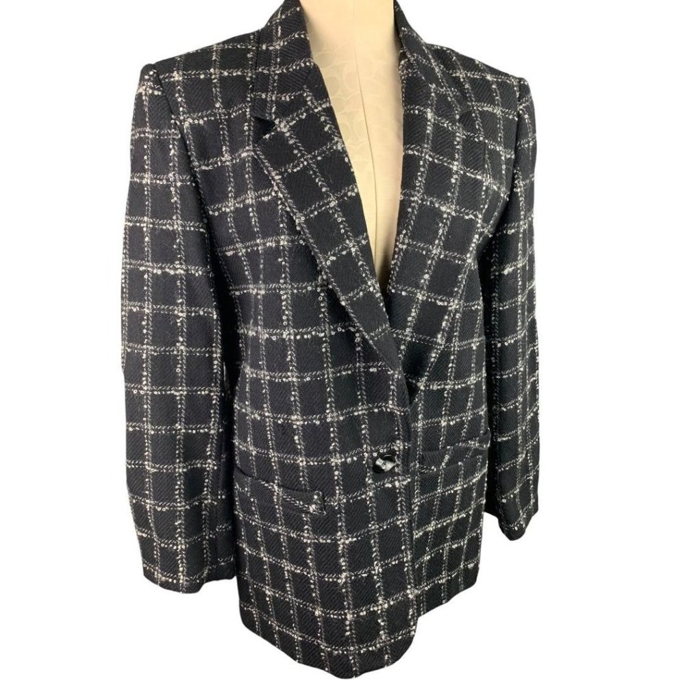 Size 10‎ Alfred Dunner Women's Wool Black Pattern Open Single Button Blazer Coat